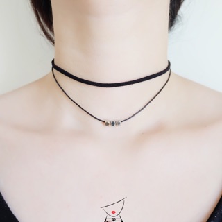 choker ชามุดสีดำ พร้อมกับเชือกเส้นเล็ก จี้สี่เหลี่ยมเงิน