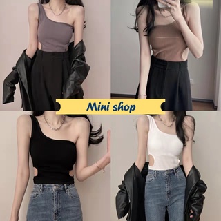 Mini Shop🌸พร้อมส่ง🌸 (FY1823)เสื้อกล้ามไหมพรม มีฟองน้ำ ดีเทลสายข้างเดียว เว้าเอวเซ็กซี่