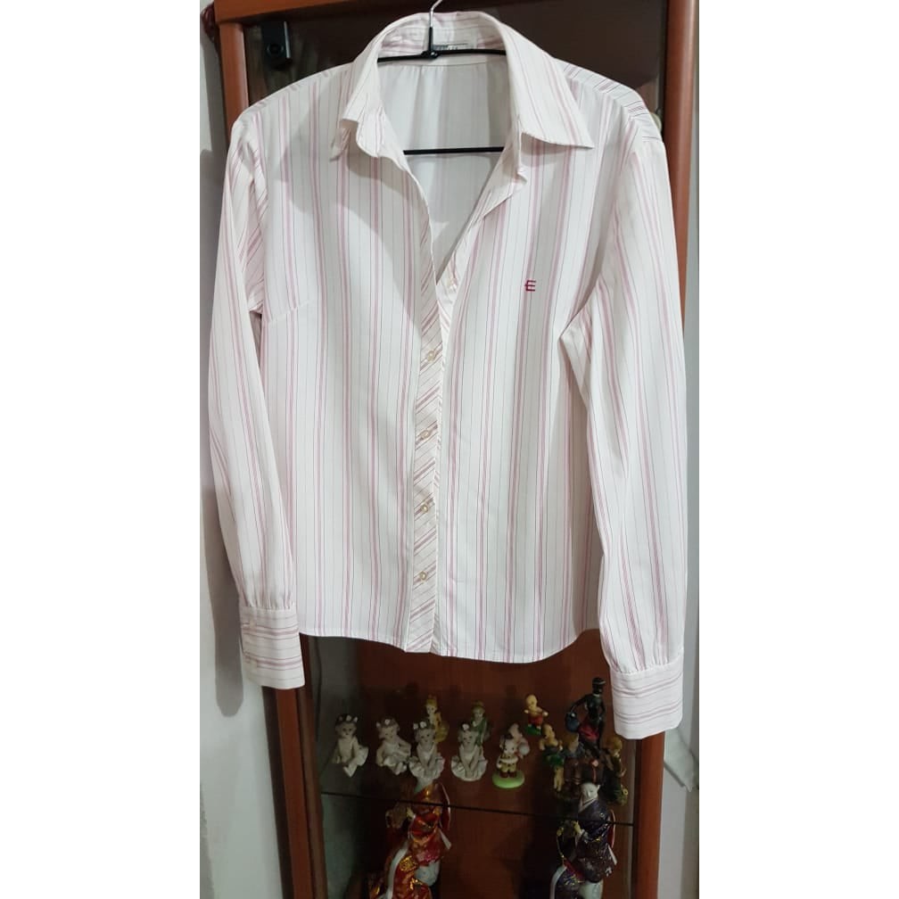 "ESPADA" Brand เสื้อเชิ้ตผู้หญิงพื้นขาวลายทาง แขนยาว แบรนด์เนม