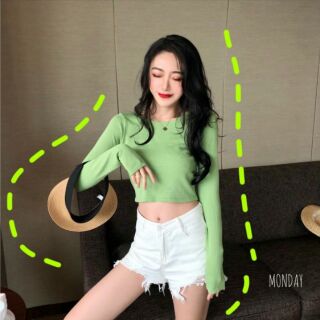เสื้อครอปไหมพรมแขนยาว ผ้าบางใส่สบาย