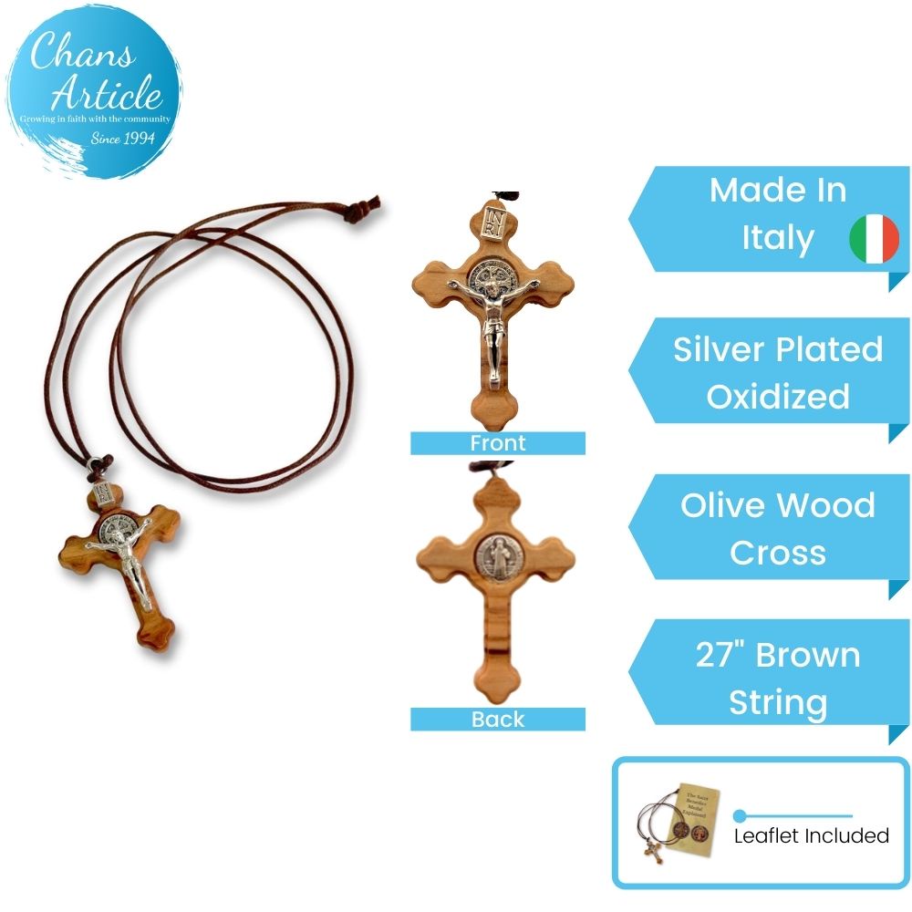 St Benedict เหรียญ Crucifix อิตาลีสร้อยคอไม้มะกอกชุบเงิน Oxidized Jesus Corpus 93055