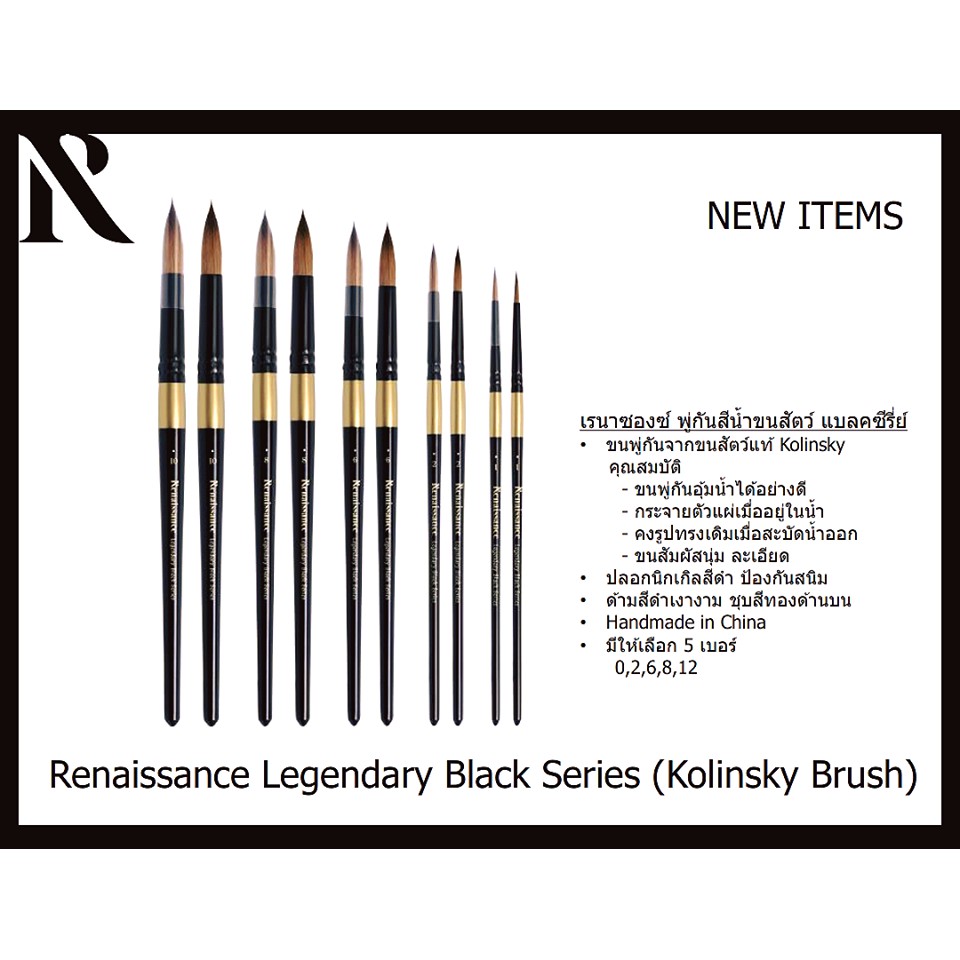 พู่กันสีน้ำขน kolinsky แท้ RENAISSANCE LEGENDARY BLACK SERIES BRUSH จำนวน 1 ด้าม