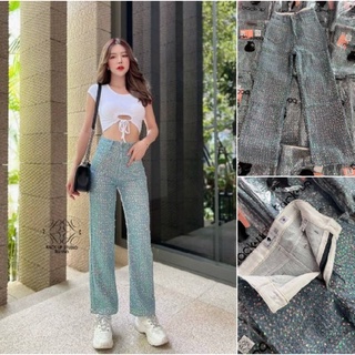 back up bu150 กางเกงเอวสูง sequin pants ปักเลื่อมทั้งตัว แต่งฉลุทั้งตัว  กระบอกทรงตรง ผ้าไม่ยืด