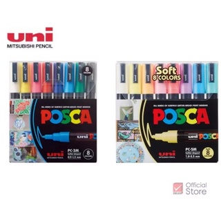 UNI ปากกาเพ้นท์ POSCA PC-3M 0.9-1.3mm./ PC-5M SOFT COLORS 1.8-2.5mm. [PACK 8] เขียนได้หลากหลายพื้นผิว (จำนวน 1 ชุด)