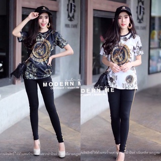 SK10474 Set งานแมทช์ได้อย่างลงตัว ชุดเซ็ทสุดชิคงานสวยหรูหราด้วยดีไซน์พิมพ์ลายแบรนด์ สุดhotมาพร้อมกับกางเกงเลคกิ้งแต่งแถบ