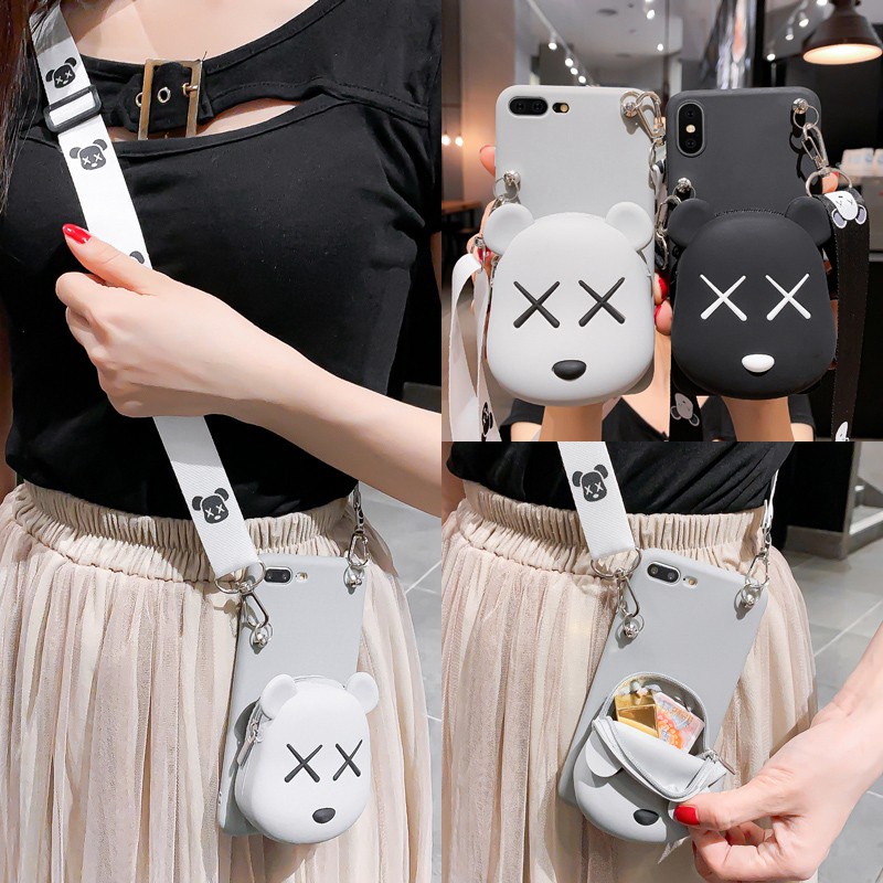 เคสโทรศัพท์มือถือ ซิลิโคน ลายการ์ตูนหมี KAWS พร้อมกระเป๋าสตางค์ สะพายข้าง สําหรับ iPhone 14 13 12 11 Pro Max SE 2020 6 6S 7 8Plus X XS Max XR