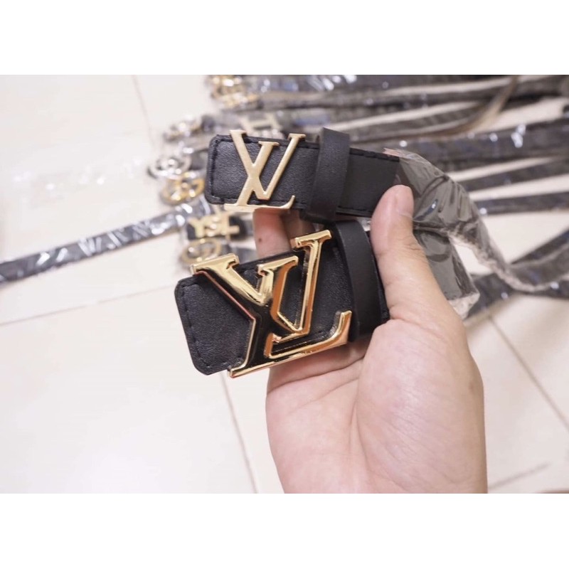เข็มขัดแอลวีแฟชั่นผู้หญิงผู้ชายใส่ได้สายหนังสีดำสายเย็บ