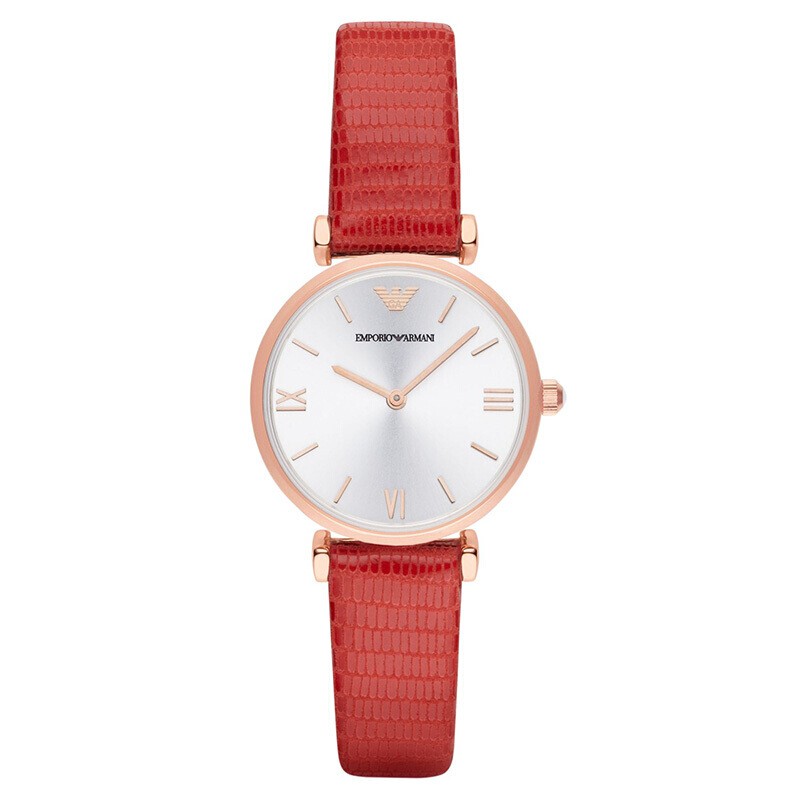 Emporio Armani นาฬิกาจีนสายหนังสีแดงผู้หญิงสบาย ๆ ดูนาฬิกาควอตซ์นาฬิกาแฟชั่นสตรีนาฬิกา AR1876