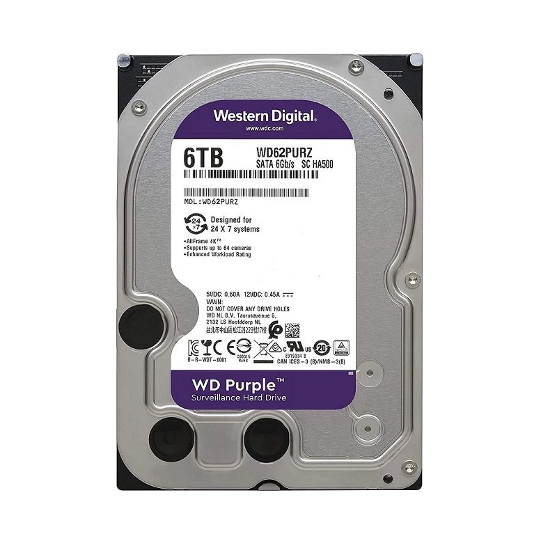 WD Purple 6TB HDD 5640RPM 3.5" Surveillance Hard Drive WD62PURZ SATA III 6GB/s 128M