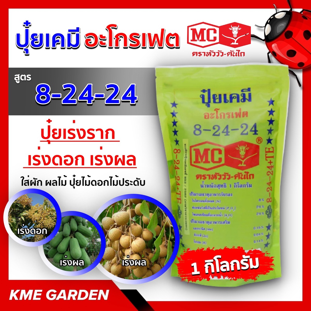 🪴ปุ๋ยเคมี🪴 สูตร 8-24-24 หัววัวคันไถ 1 กิโลกรัม ปุ๋ยเร่งราก เร่งดอก เร่งผล ใส่ผัก ผลไม้ ปุ๋ยไม้ดอกไม้ประดับ