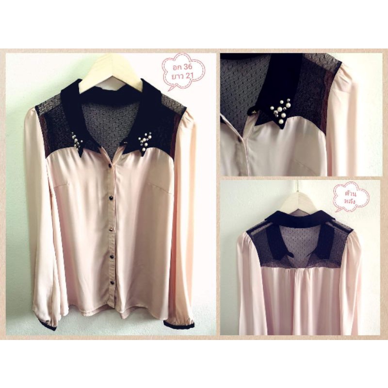 (C49)​ เสื้อ​เชิ๊ต​ ชีฟอง​ สี​ชมพู​แต่งคอปก​ไหล่สีดำ​ ปักคริสตัล​ งานหรู​ กระดุมน่ารัก​ อก​ 36​ นิ้ว ​ยาว​ 21​ นิ้ว​