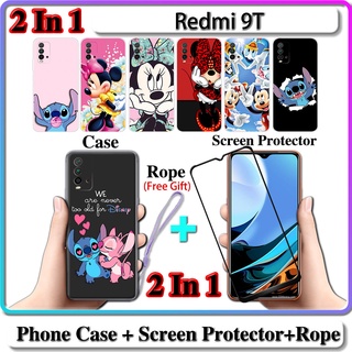 2 IN 1 เคส Redmi 9T พร้อมกระจกนิรภัยกันรอยหน้าจอโค้ง เซรามิค ลายสติทช์ และมินนี่