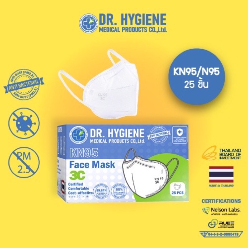 25 ชิ้น - Dr.Hygiene หน้ากากอนามัย N95 แมส หน้ากากอนามัยทางการแพทย์ แมสปิดจมูก หน้ากาก หน้ากากกันฝุ่