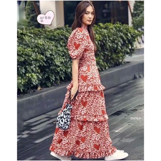 TW11476 Maxi Dress แม็กซี่เดรสคอกลมแขนตุ๊กตา ช่วงอกเจาะเว้าหยดน้ำ เอวแต่งชั้นๆ งานผ้าไหมอิตาลี่ พิมดอกไม้หัวใจ มีซิปหลัง