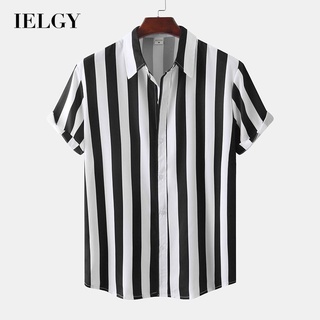 Ielgy เสื้อโปโล แขนสั้น ลายทาง เรียบง่าย สําหรับผู้ชาย