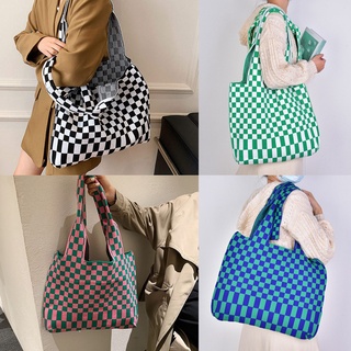 [Nana] กระเป๋าสะพายข้างจะสะพายข้างกระเป๋าถัก Chic Checkerboard Women Girls Knitted Shoulder Bag Casual Tote