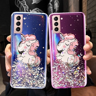 New Ready Stock เคส Samsung Galaxy S21 FE 5G Luxury Soft Case Sequin Starry Sky Cute Cartoon Unicorn Bracket Bling Transparent Cover S21FE เคสโทรศัพท์