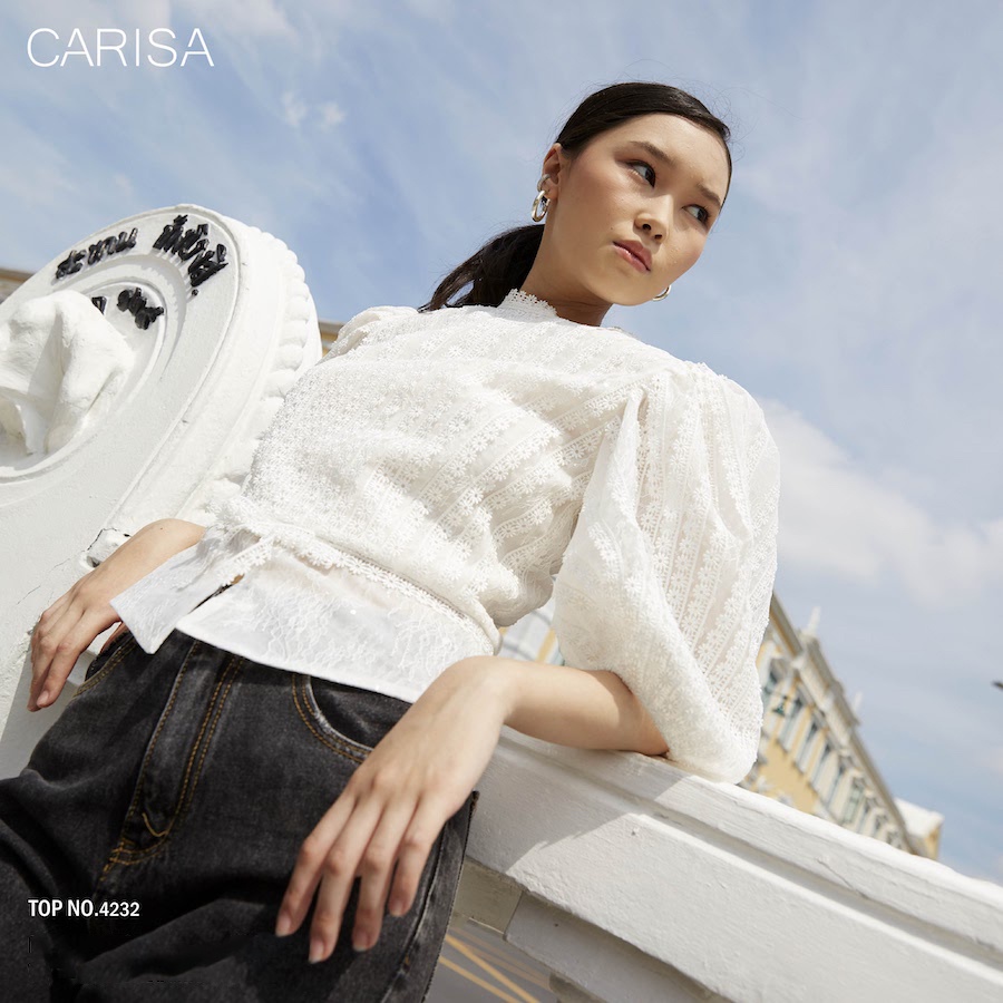 Carisa เสื้อลูกไม้ ชุดไทย ลูกไม้ปักเดินเส้นเป็นริ้ว ทรงแขนบอลลูน ดีเทลแน่น สวยเด่น ซับในเนื้อนุ่ม ซิ