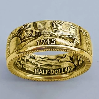 24K Gold Plated Handmade เหรียญแหวน Vintage Morgan Silver Half Dollar 1945 แกะสลัก "the United State of Ring