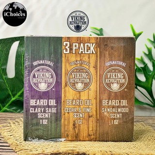 น้ำมันเครา บำรุงหนวดเครา Viking Revolution® Beard Oil 3 Pack, Clary Sage 28 g, Pine &amp; Cedar 28 g and Sandalwood 28 g