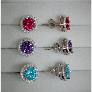 SLVER THAI silver Ruby halo Earring stud ต่างหูทับทิม ทรงกลมเงินแท้925คิวบิกเซอร์โคเนียต่างหูวงกลมล้อมเพรชcZ