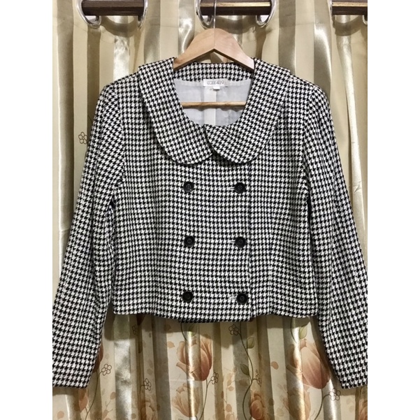 📌CODE-4129 short blazer suit jacket เสื้อสูททรงสั้น เบลเซอร์ทรงสั้น ผ้าทอลายชิโนริ สีครีมดำ งาน6กระด