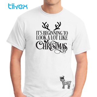 เสื้อยืดผ้าฝ้าย เสื้อยืดคริสต์มาสReindeer and Merry Christmas Unisex Round Neck T Shirt