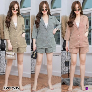 Oversize Set 2 ชิ้น  #สาวอวบ เสื้อสูทแขน 3 ส่วน กระเป๋าหน้า + กางเกงขาสั้นเอวสูง แต่งะกรดุมหน้า ผ้าทอลายชิโนริ   AP17535