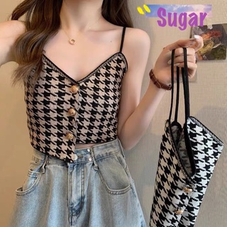 Sugar 🌈พร้อมส่ง🌈เสื้อสายเดี่ยว เสื้อกล้าม เสื้อครอป เสื้อแฟชั่นผู้หญิง กระดุมแกะได้จริง(70095)