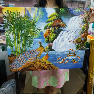 ภาพเปล่า นกยูง ปลาคราฟ น้ำตก ต้นไผ่ ขนาด 16x20 นิ้ว (40x50ซม.) ภาพคมชัด ไม่แตกเบลอ สีสวย สีสด