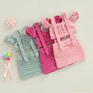 LAA6-Little Girls Outfits, Plain Buttons Short Sleeve Off-Shoulder Camisole+Short Adjustable Suspender Skirt