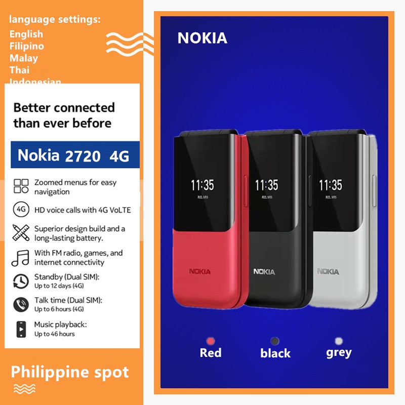 Nokia 2720 Flip 4G Dual SIM โทรศัพท์พลิกคลาสสิก 512MB + 4GB โทรศัพท์มือถือใหม่