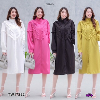 TwinsShopVip💗พร้อมส่ง TW17222 เดรสแขนยาวอกตีเกล็ดแต่งระบาย