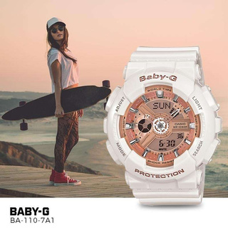 Win Watch Shop นาฬิกา Casio BabyG รุ่น BA1107A1 นาฬิกาผู้หญิงสายเรซิ่นสีขาว หน้าปัดสีพิงค์โกลด์ ของแท้ เต็ม