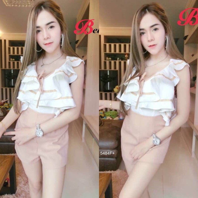 จั้มสูท ขาสั้น แต่ง แขนระบาย และแถบสี มีโบว์ผูก TW5484 ลดราคา เดรส ราคาส่ง jumpsuit640