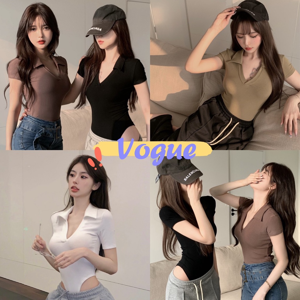 Vogue​🌟​พร้อมส่ง​🌟 เสื้อบอดี้สูทไหมพรมดีเทลหน้าวีแต่งคอปกแขนสั้น สายฝอมาก (DX-9732-H/D15) -N
