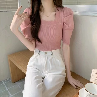 ส่งทันที Cici(NO. 6A40-1) เสื้อไหมพรมแขนสั้น คอเหลี่ยมดีเทลแขนพอก พรางแขน ทรงเป้ะ น่ารักมากกก