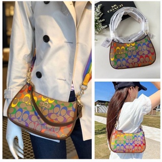 💚แท้💯 พร้อมส่ง💚สะพายไหล่ TERI SHOULDER BAG IN RAINBOW SIGNATURE CANVAS (COACH CA176) GOLD/KHAKI MULTI COACH STYLE # CA17