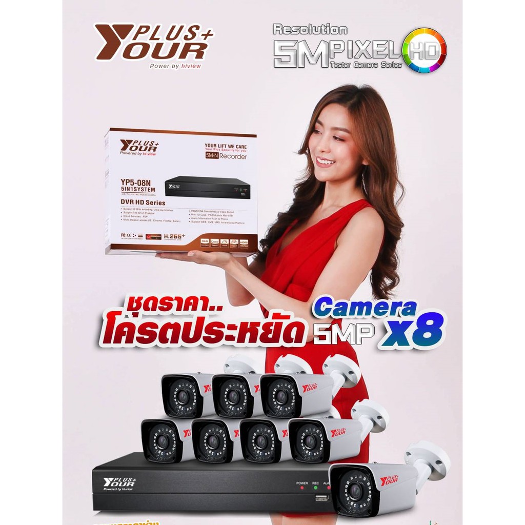 Hi view  Your plus+ ชุดกล้องวงจรปิด 8จุด รุ่นYP5-103B + DVR รุ่นYP5-08N(1ตัว) + ADAPTER12V ความละเอี