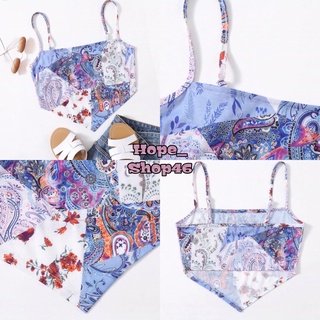 SHEIN พร้อมส่ง 🍬 เสื้อสายเดี่ยว/ครอปสามเหลี่ยม โทนสีฟ้าลายการฟฟิค ผ้าร่องเล็ก สายปรับได้ Triangle Shirt (K026)