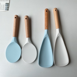 HERA ทัพพีตักข้าว ซิลิโคน ด้ามไม้ ทับพีตักข้าว เครื่องครัว Rice Scoop Silicone Wooden Handle Rice Ladle  Kitchenware