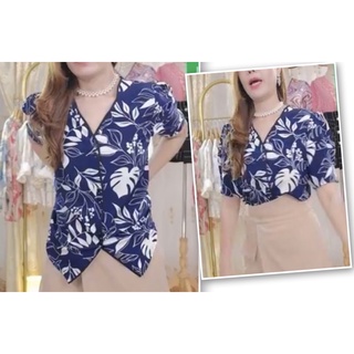 เสื้อทำงาน แฟชั่น เสื้อ พิมพ์ลาย กระดุมหน้า แขนสั้น size S M L