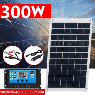 ชุดแผงพลังงานแสงอาทิตย์ 300W ที่ชาร์จแบตเตอรี่ฉุกเฉิน 12V + ตัวควบคุม LCD 10-100A สําหรับรถตู้ เรือ