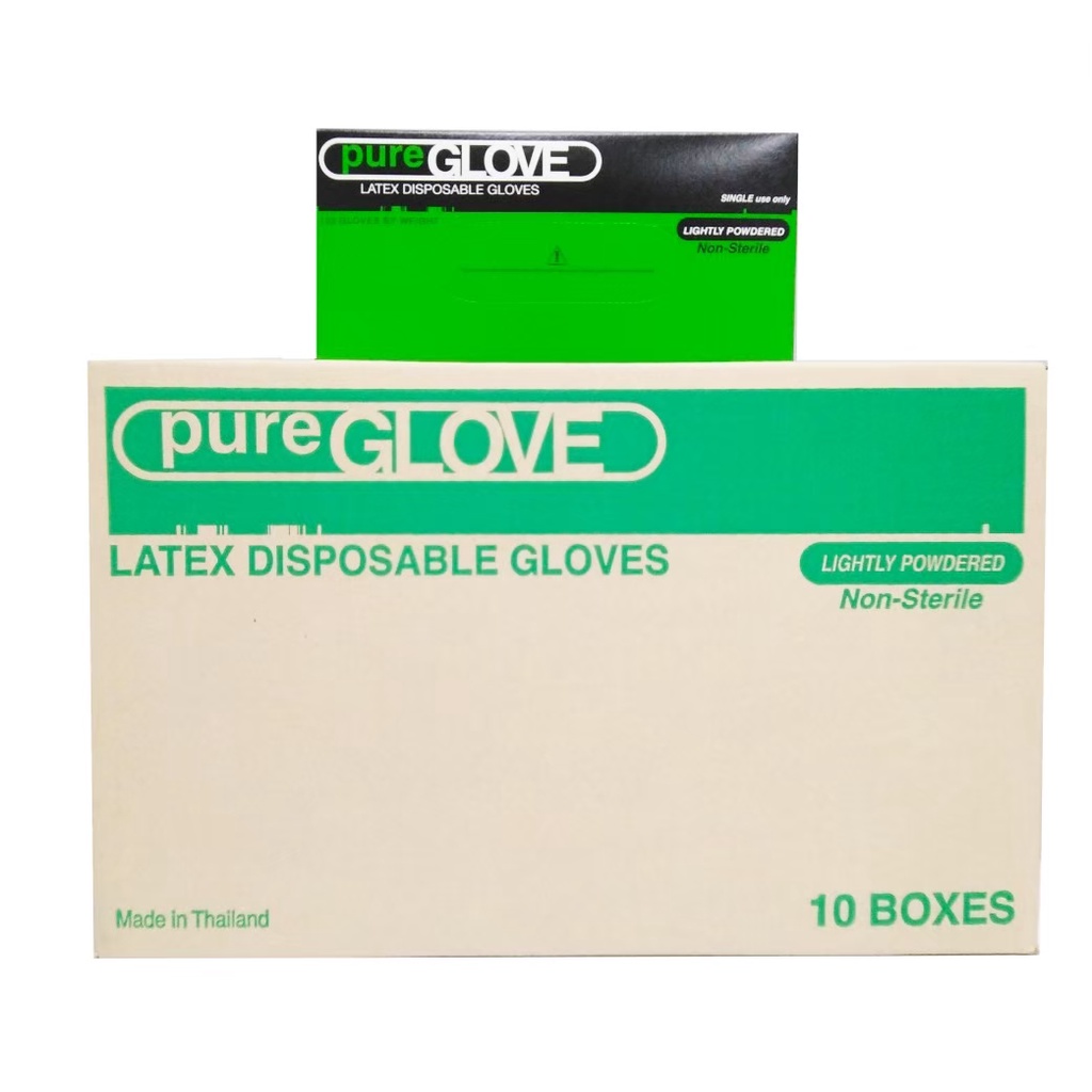 ถุงมือยางธรรมชาติ มีแป้ง (เพียวเขียว) ยี่ห้อ pure Glove (1 กล่อง 100 ชิ้น) ของแท้ 100%