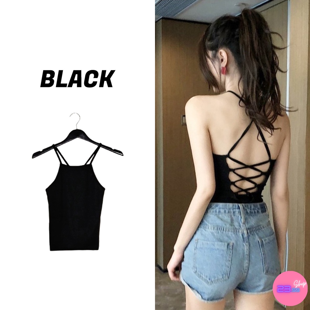 Sale80% เสื้อสายเดี่ยวสีดำ ด้านหลังเป็นสายถักไขว้แบบเซ็กซี่ ผ้าร่อง