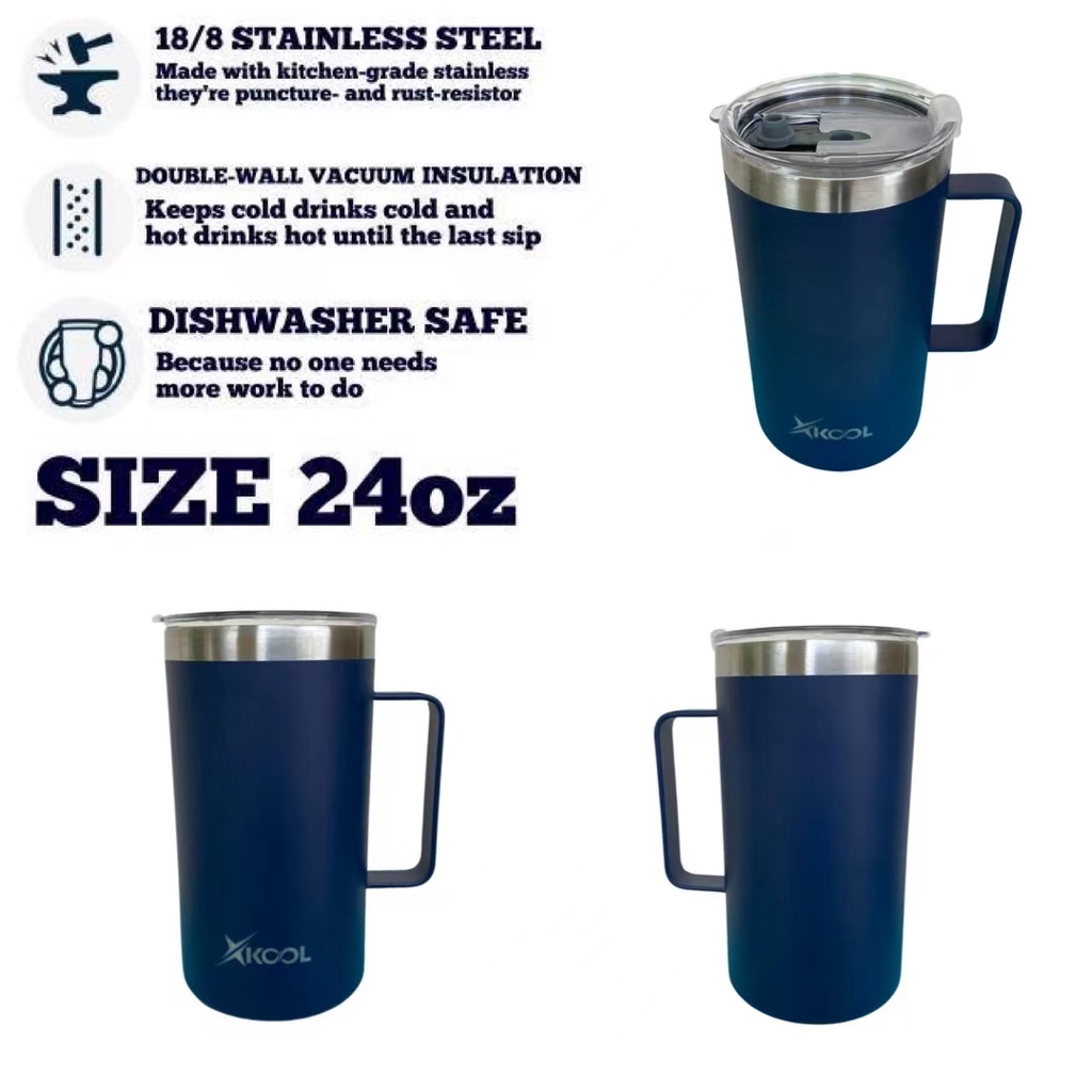 Xkool แก้วน้ำ24oz/710ml มาพร้อมหูจับ สีพื้นเก็บอุณหภูมิความเย็น,ร้อน สีพื้นแบบหนาเป็นสแตนเลส 304