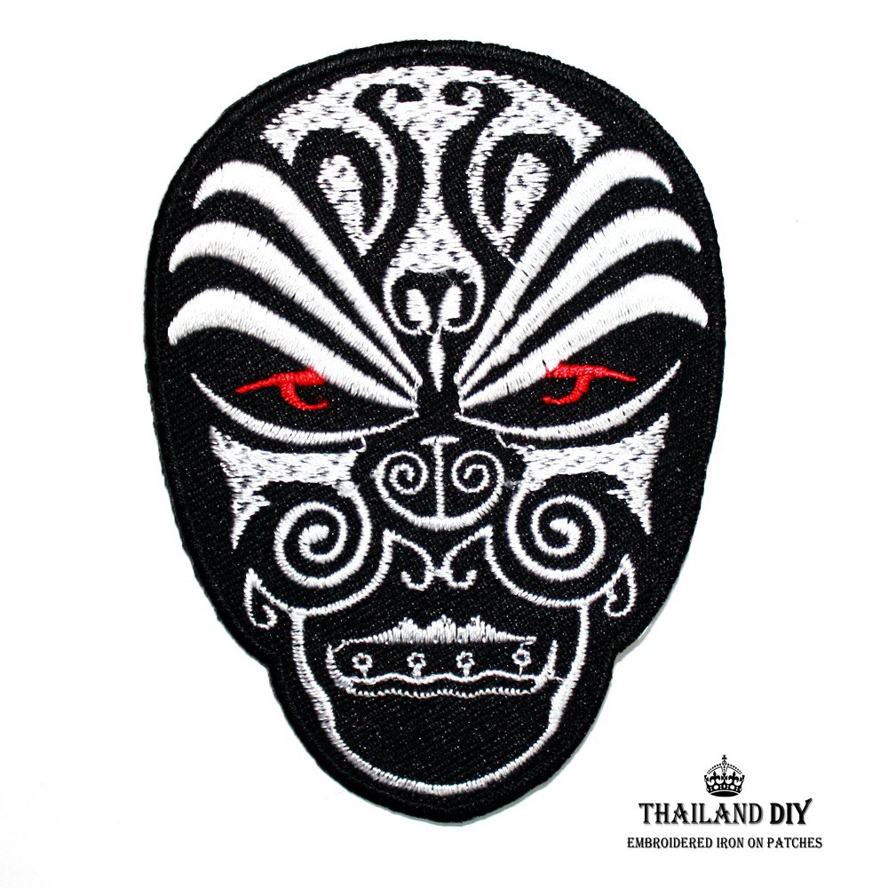 👹 ตัวรีดติดเสื้อ ลาย หน้ากาก ผี ปีศาจ ญี่ปุ่น ซามูไร สีดำ  Hanya Mask Patch งานปัก DIY ตัวรีด อาร์มต