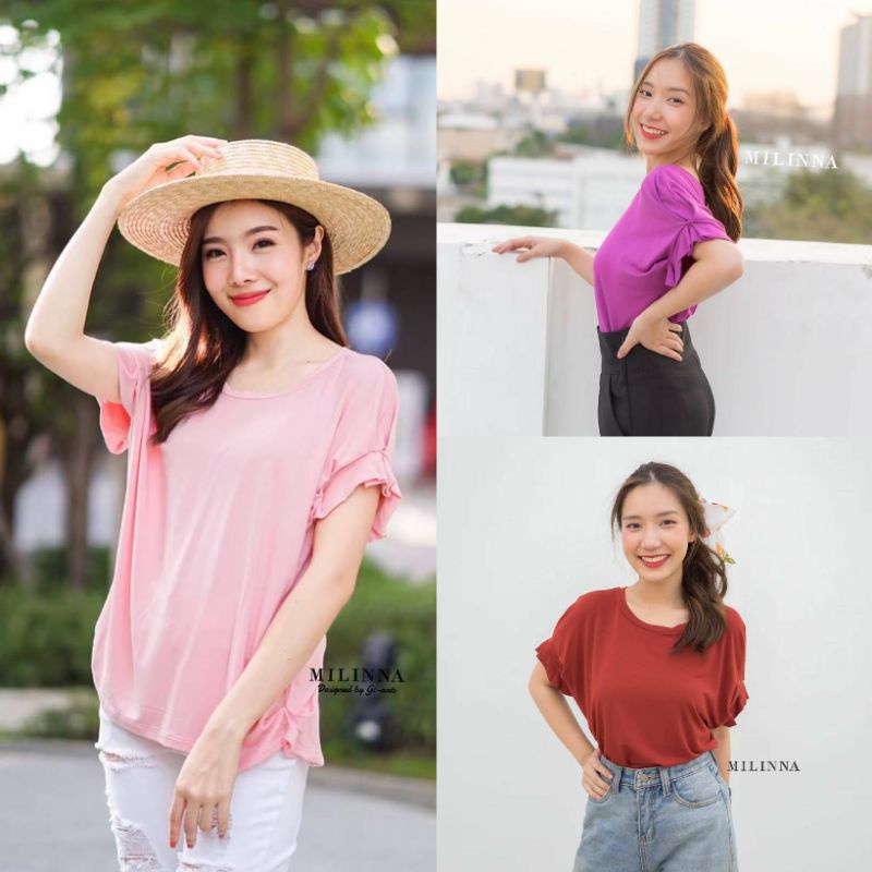 พร้อมจัดส่ง MILINNA💥PT-06 เสื้อยืดคอกลม แต่งแขนจีบ ผ้าเรย่อน💥สาวอวบใส่ได้