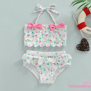 ☎VF✮2Pcs Toddlers Girls Swimwear, Flamingo Print Tied Halter-Neck Tank Tops + Elastic Waist Pantie Swimsuit, 6