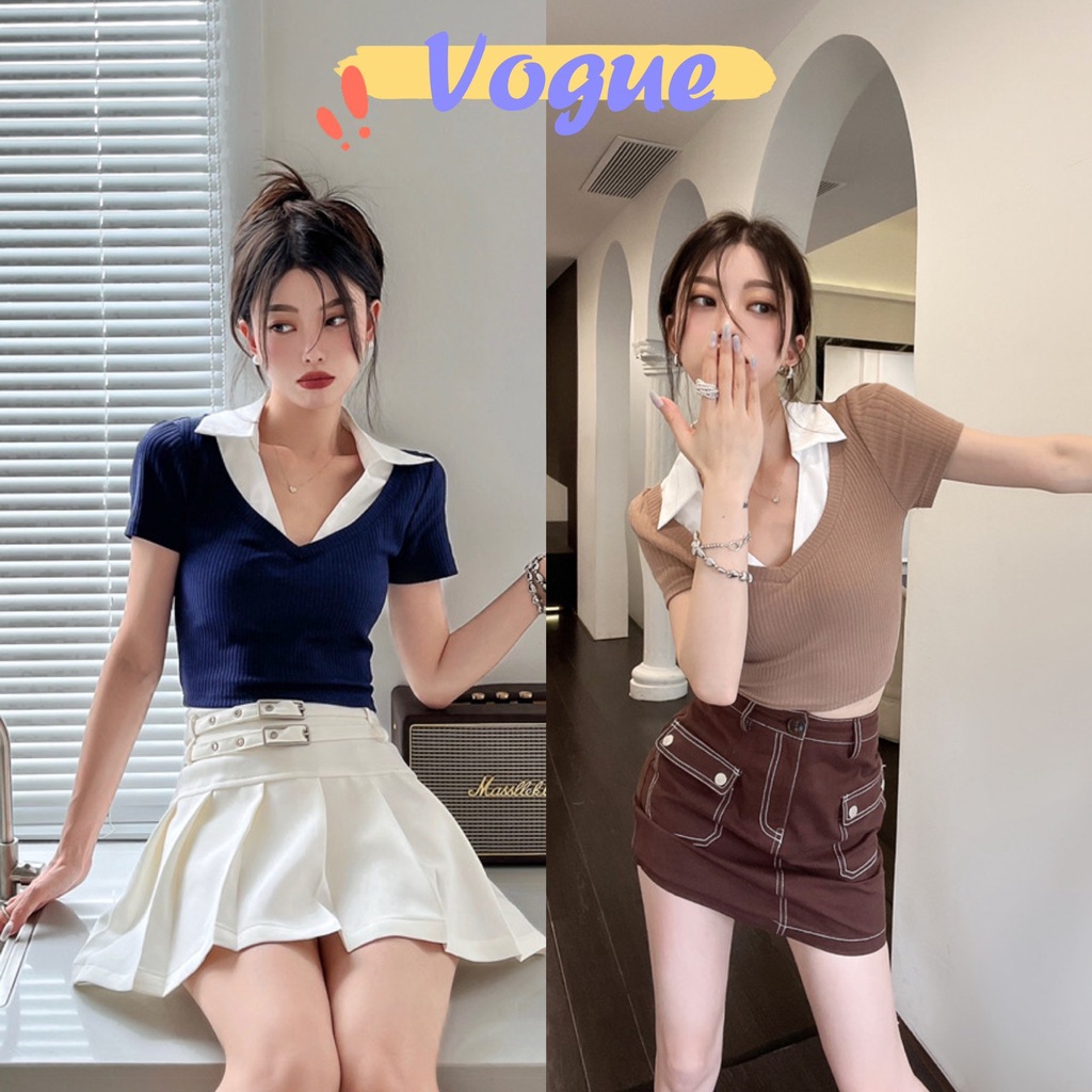 Vogue​🌟​พร้อมส่ง​🌟เสื้อครอป แขนสั้นแต่งคอปกน่ารักมาก Y2K สุดๆ (71021)